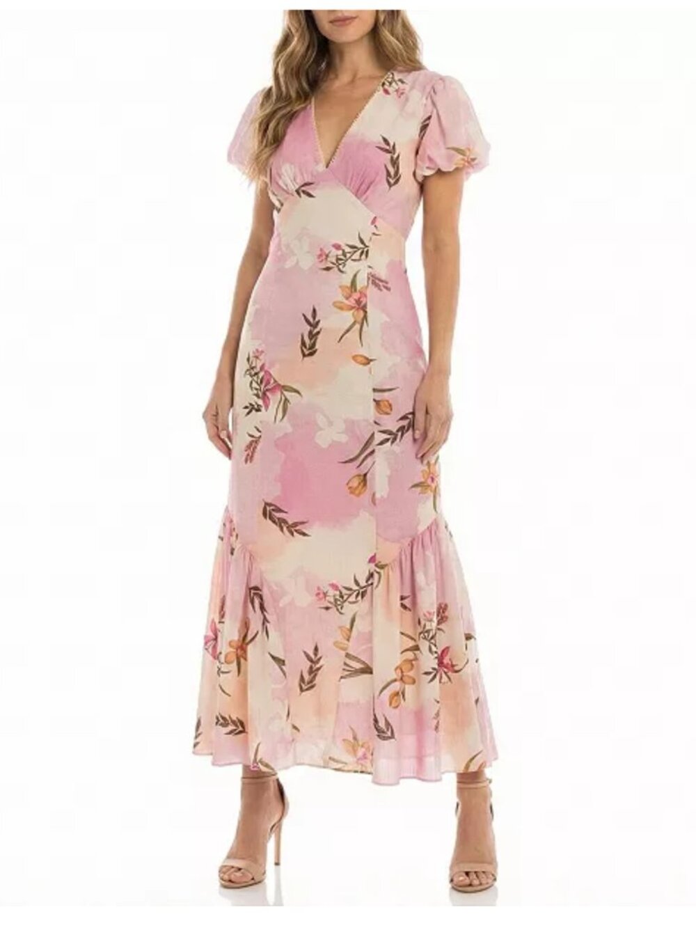 NWT Taylor Pink and Ivory V-Neck Floral Print Fit & Flare Dress in Women's 16